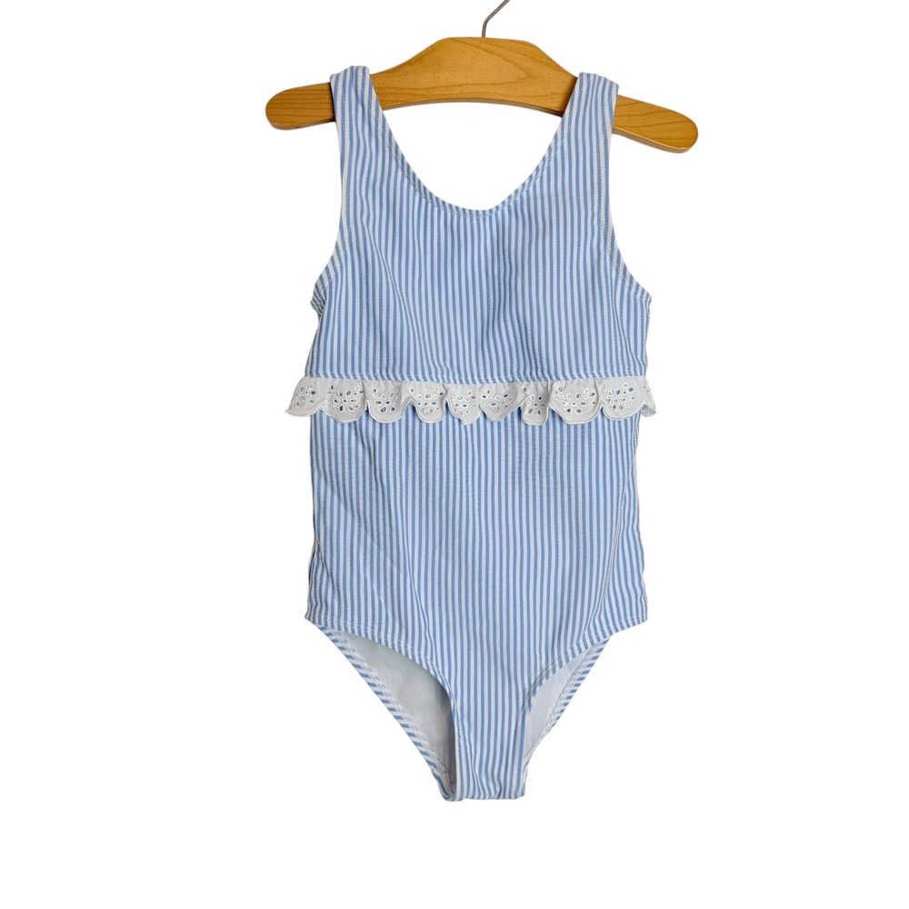 Crown & Ivy Kids Girls Blue White Seersucker Eyelet Ruffle One Piece Swimsuit 6X